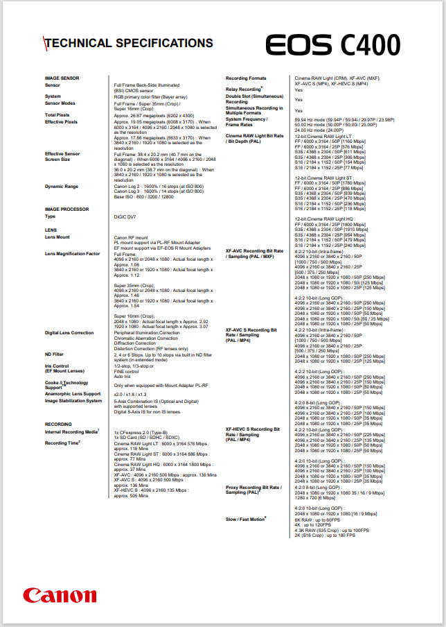 Технічні характеристики Canon EOS C400 6K сторінка 3