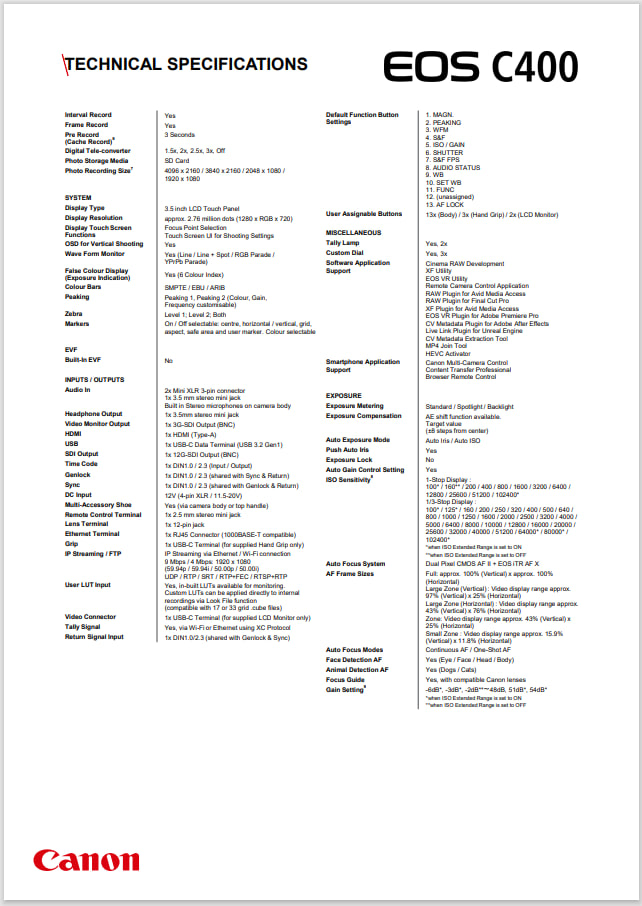 Технічні характеристики Canon EOS C400 6K сторінка 2