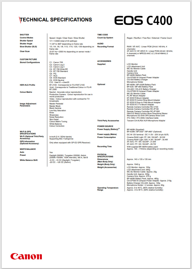 Технічні характеристики Canon EOS C400 6K сторінка 1